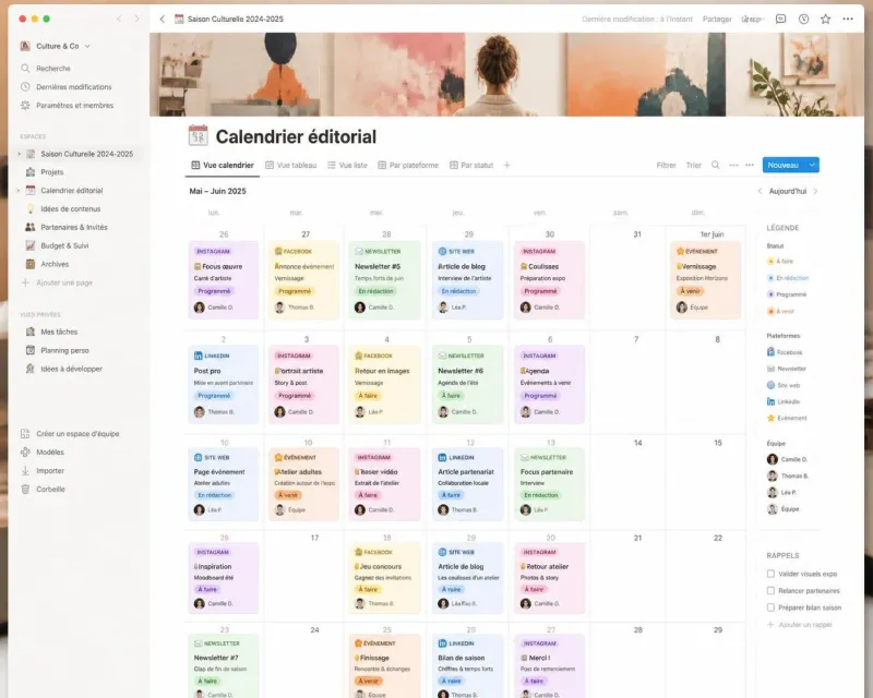 découvrez notre calendrier éditorial 2026 spécialement conçu pour les associations artistiques. modèle notion gratuit, facile à utiliser et prêt à l’emploi pour organiser vos publications et événements toute l’année.