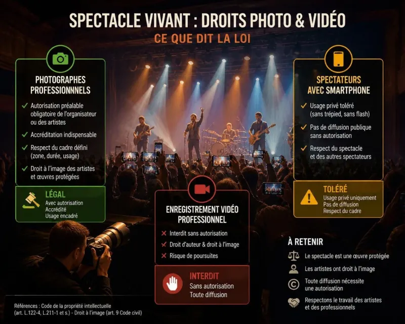 découvrez un guide complet sur les droits photo et vidéo pendant un spectacle pour filmer en toute légalité et publier vos contenus sans risque.