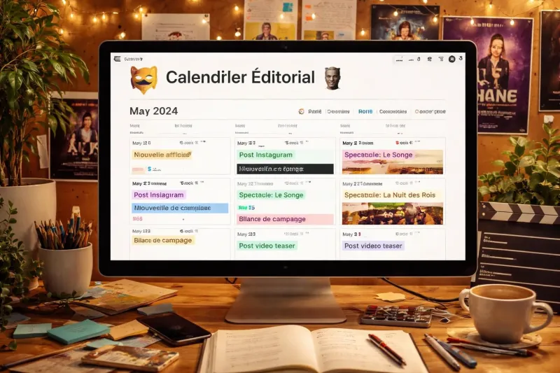 découvrez notre modèle de calendrier éditorial mensuel sur notion, spécialement conçu pour les compagnies de théâtre afin d'organiser efficacement leurs productions, événements et communications.