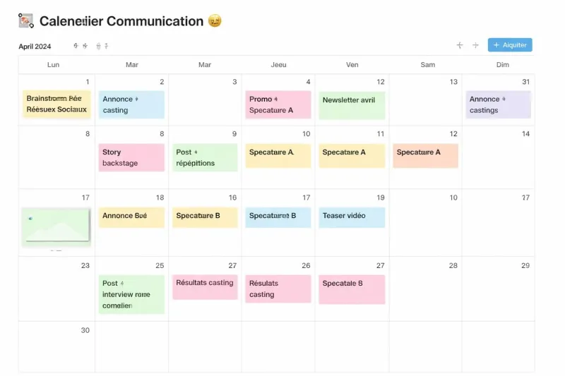 découvrez notre modèle de calendrier éditorial mensuel avec notion, spécialement conçu pour une compagnie de théâtre, afin d'organiser vos projets, répétitions et événements de manière efficace.